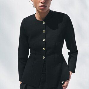 Zara Fitted Long Knit Jacket – Black, Size L, Elegant Round Neck, Button Front